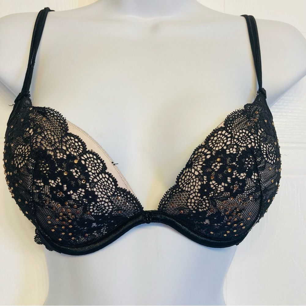 Victorias Secret Bra 32D Black Lace Rhinestone Sexy Little Things Push Up Plunge